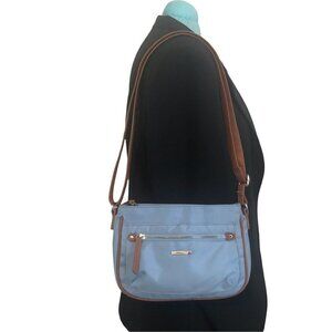 Roots  73 Crossbody Satchel Pale Blue with Brown Trim